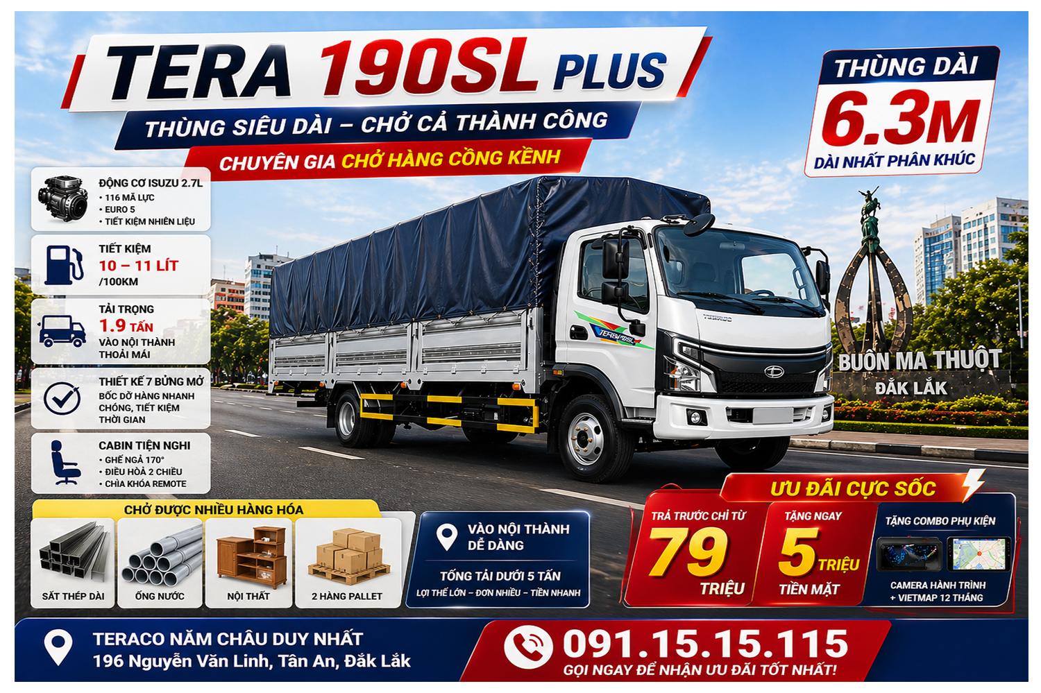 TERA 190SL PLUS – Thùng dài 6m3, tối ưu vận chuyển hàng hóa
